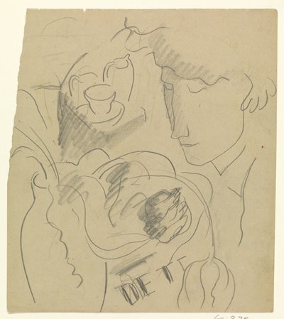 Una mujer huele flores en un jarrón de Leo Gestel