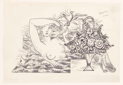 Desnudo femenino en ondas soltando un pájaro, en primer plano una cesta de flores de Leo Gestel