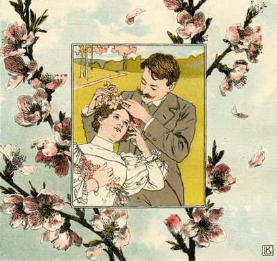 Hombre pone flor de primavera en el cabello de una joven de Leo Kainradl