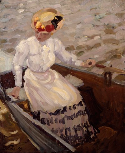 Una dama elegante en un bote de remos (óleo sobre lienzo) de Leo Putz