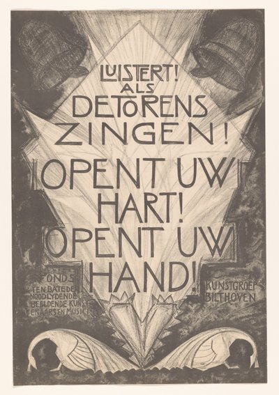 Cartel para artistas y músicos enfermos
¡Escucha! Cuando las torres cantan Abre tu corazón. ¡Abre la mano! (título en el objeto) de Leo Visser