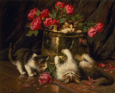 Gatitos juguetones (óleo sobre lienzo) de Leon Charles Huber