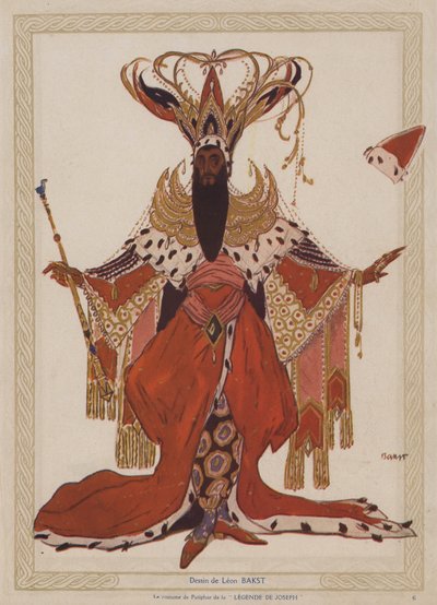 Diseño de vestuario de Leon Bakst para Potifar en una producción de los Ballets Rusos del ballet Josephslegende de Richard Strauss (litografía en color) de Leon (after) Bakst
