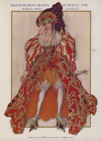 Diseño de vestuario de Leon Bakst para la mujer de Potifar en una producción de los Ballets Rusos del ballet Josephslegende de Richard Strauss (litografía en color) de Leon (after) Bakst