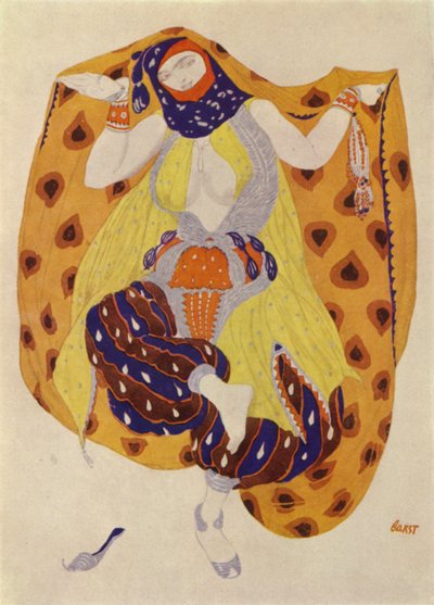 Odalisca, diseño de vestuario de Leon Bakst para una producción de los Ballets Rusos de Scheherezade (litografía en color) de Leon (after) Bakst