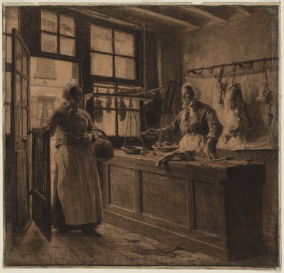 Interior de una carnicería, c.1881 (carboncillo y tiza negra realzada con tiza blanca) de Leon Augustin Lhermitte