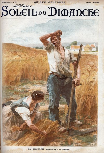La cosecha. Campesinos segando el trigo en un campo. (basado en la acuarela de L. Lhermitte) Grabado en “Le sun-du-dimanche”, 6 de agosto de Leon Augustin Lhermitte