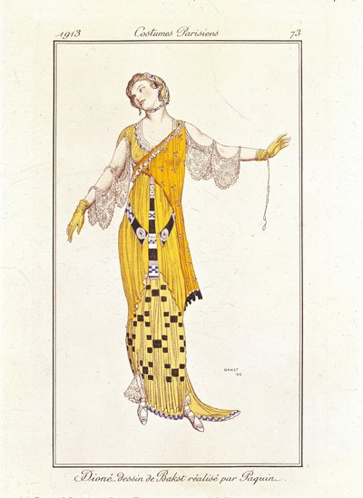 Dioné, dibujo de Bakst hecho por Jeanne Paquin. Costumes Parisiens no.73 de Leon Bakst