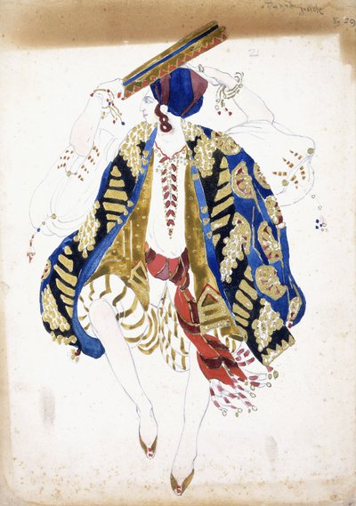 Diseño de vestuario para un bailarín en "Danse Juive", con bombachos y un turbante, tocando una pandereta de Leon Bakst