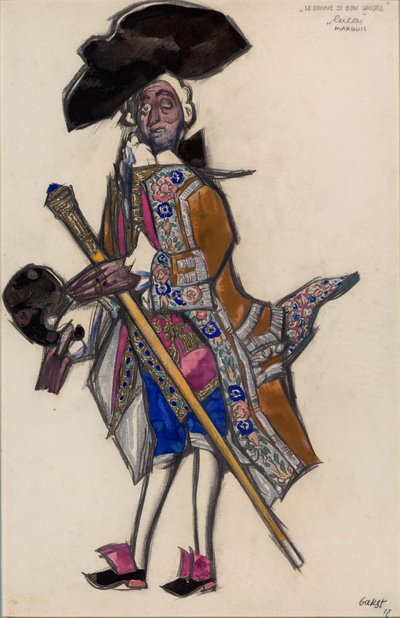 Diseño de vestuario para el ballet Les femmes de bonne humeur de Leon Bakst