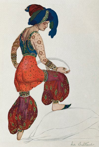 Traje de Vaslav Nijinsky o Nijinski (1889-1950) para el personaje de la sultana en el ballet "Sherezade" 1910 (acuarela sobre papel) de Leon Bakst