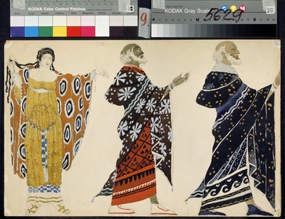 Trajes de hombre para el drama ""Edipo en Colone"" de Sófocles (497 o 496-407 o 406 aC) (Diseño de vestuario para el drama Edipo en Colono de Sófocles). Dibujo de Leon Blakst (1866-1924). Acuarela sobre papel, 28,2 x 44,6 cm de Leon Bakst