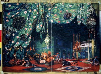 Set para el ballet ""Sheherazade"" de Nicolas (Nikolai) Rimski Korsakov (Rimski-Korsakov) (1844-1908) de Después de los cuentos de las mil y una noches. (Escenografía para el ballet Sheherazade de N.Rimsky Korsakov (Rimsky-Korsakov). Dibujo de Leon Bakst ( de Leon Bakst