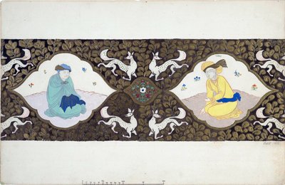 Decoración preparatoria para el ballet ""Ishtar"" de Bohuslav Martinu (1890-1959). (Escenografía para el ballet Istar de B. Martinu). Dos personajes vestidos a la oriental, con un decorado de hojas y animales. Obra de Leon Bakst (1866-1924), acuarela y de Leon Bakst