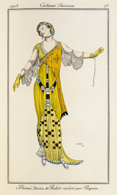 Dione, dibujo de Bakst realizado por Jeanne Paquin. Trajes Parisinos nº73 de Leon Bakst