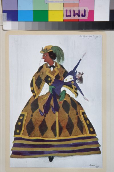 La inglesa, vestuario para el ballet la boutique fantasque de Gioachino Rossini - Obra de Leon Bakst (1866-1924), litografía 1919 - (Diseño de vestuario para el ballet ""The Magic Toy Shop"" de Gioachino Rossini, de Leon Bakst, Color litografía de Leon Bakst