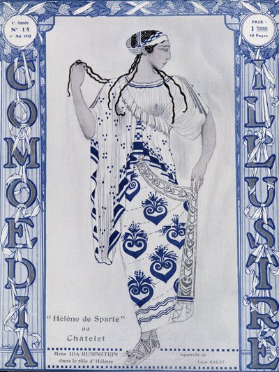 Los Ballets Rusos: Helena de Esparta en el Chatelet, Miss Ida Rubinstein en el papel de Helena - acuarela por Bakst, en “Comoedia ilustrada” de Leon Bakst
