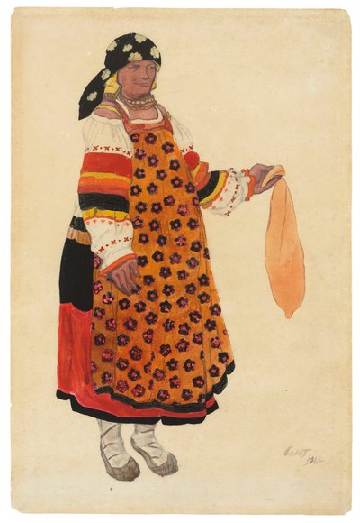 Mujer campesina. Diseño de vestuario para el Vaudeville Viejo Moscú en el Théâtre Femina, París, 1922 de Leon Bakst
