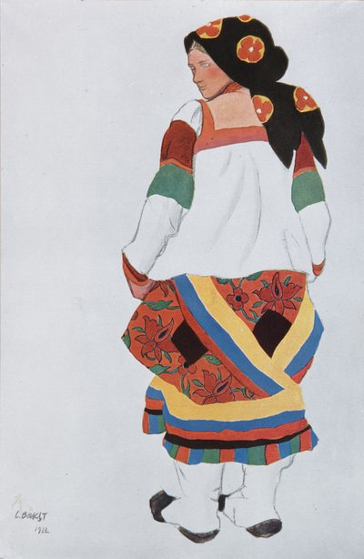 Mujer campesina. Diseño de vestuario para el Vaudeville Viejo Moscú en el Théâtre Femina en París, 1922 de Leon Bakst