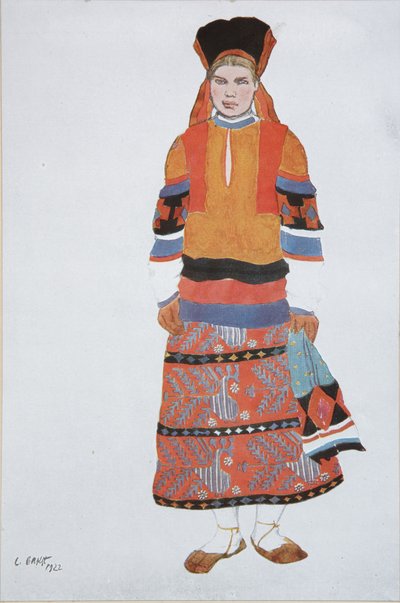 Mujer campesina. Diseño de vestuario para el Vaudeville Viejo Moscú en el Théâtre Femina en París, 1922 de Leon Bakst