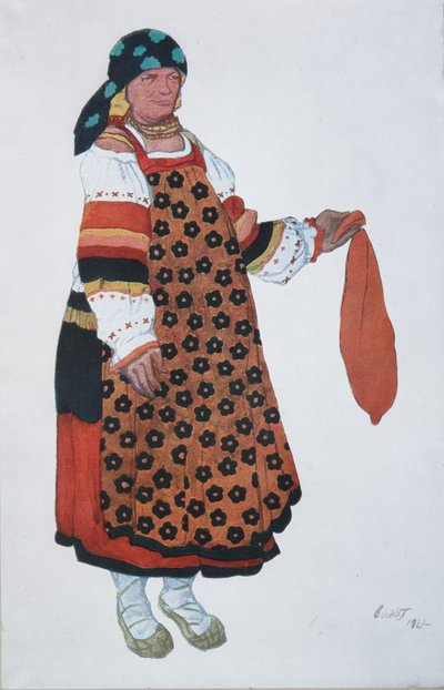 Mujer campesina. Diseño de vestuario para el Vaudeville Viejo Moscú en el Théâtre Femina en París, 1922 de Leon Bakst