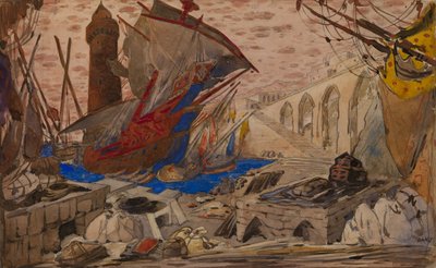 Diseño de escenario para La Pisanelle ou la mort parfumée por Gabriele d