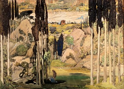Diseño de escenario para el Acto II de una producción de Ballet Russes de Daphnis y Chloe de Ravel, 1912 de Leon Bakst