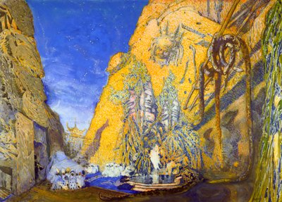 Diseño de escenario para una producción de Ballets Russes de Le Dieu Bleu de Leon Bakst
