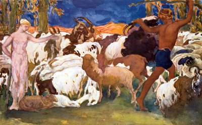 Diseño de escenario para una producción de Ballets Rusos de Daphnis et Chloe de Ravel, 1912 de Leon Bakst
