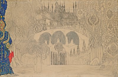 Diseño de escenario para el ballet El pájaro de fuego de I. Stravinsky, 1909-1910 de Leon Bakst