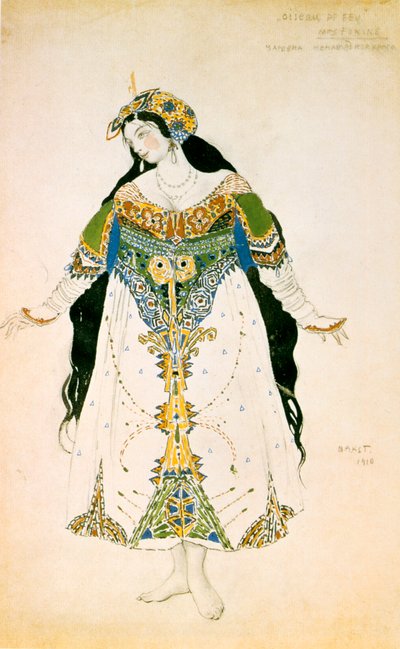La Tsarevna, diseño de vestuario para la producción de Ballets Rusos de El pájaro de fuego de Stravinsky, 1910 de Leon Bakst