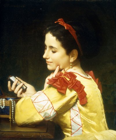 Dama mirando en un espejo de mano, 1868 de Leon Bazile Perrault