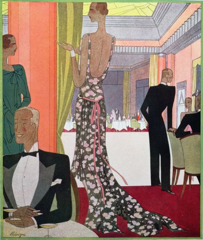 Diseño de moda para un vestido de noche de la casa Louise Boulanger en una velada de gala en el Casino de Le Touquet de Leon Benigni