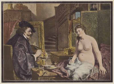 Rembrandt, artista holandés trabajando en su estudio (litografía en color) de Leon Brunin