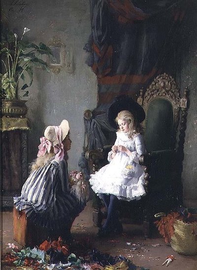 Dos niñas vistiendo una muñeca de Leon Delachaux