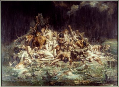 El Diluvio Un cúmulo de cuerpos de seres humanos y animales bajo las lluvias torrenciales de la ira del cielo, algunos ya están ahogados, otros gritan su angustia de Leon Francois Comerre