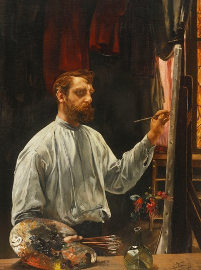 Retrato de Leon Frederic, de pie medio cuerpo en su caballete, 1900 de Leon Henri Marie Frederic