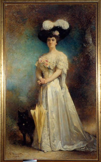 Retrato de cuerpo entero de Madame Maurice Pascal y su perro Tiny. Pintura de Leon Joseph Bonnat (1833-1922) 1905. Dim. 2,17x0,9 m Pau, museo de Bellas Artes de Leon Joseph Florentin Bonnat