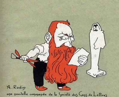 Caricatura de Auguste Rodin con un nuevo encargo de la Societe des gens de lettres (Escultura de Balzac) - Ilustración de Leon Lebegue (1863-1944) - Grabado en "Le sun-du-dimanche" de Leon Lebegue