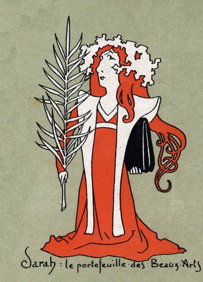 Caricatura de Henriette Rosine Bernard dit Sarah Bernhardt (1844-1923) como cartera de Bellas Artes - Ilustración de Leon Lebegue (1863-1944) - Grabado en "Le sun-du-dimanche" de Leon Lebegue