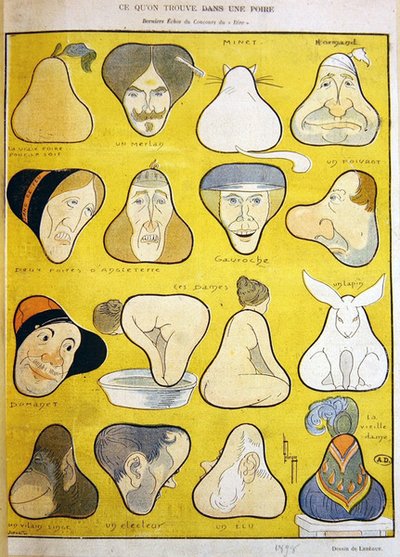 Representaciones humorísticas de caras, seres humanos y animales en forma de pera de Leon Lebegue