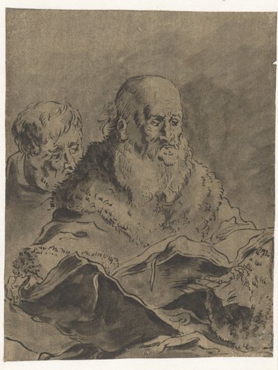 Hombre con barba y abrigo de piel con dos libros abiertos de Leonaert Bramer