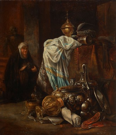Naturaleza muerta con orientalia y vasijas de metal de Leonaert Bramer