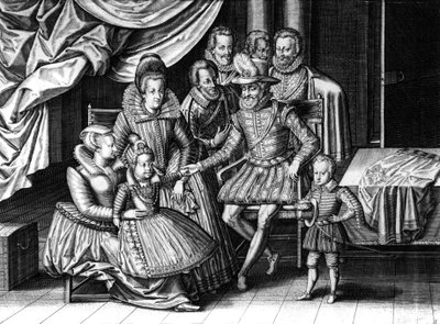 El rey francés Enrique IV con su esposa María de Médicis y dos de sus hijos: el futuro Luis XIII y Isabel, grabado por Leonard Gaultier y Le Clerc, c. 1605 de Leonard Gaultier