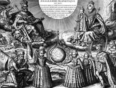 Familia real francesa en 1607 (propaganda): el rey francés Enrique IV y su esposa la reina María de Médicis sosteniendo a su hija Cristina; abajo: sus otros hijos: el futuro Luis XIII, Isabel y Enriqueta María. A la derecha: el rey seguido por su enfermo de Leonard Gaultier