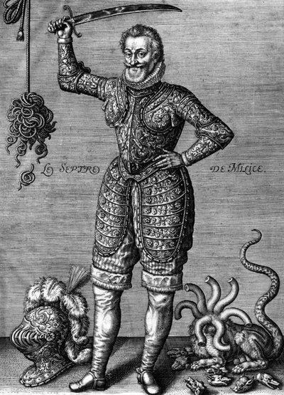 Enrique IV (1553-1610) rey francés en 1589-1610, aquí con armadura, sosteniendo una espada, como un justiciero, grabado por Leonard Gaultier de Leonard Gaultier
