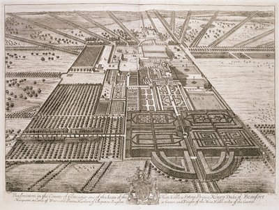 Casa de Badminton en el condado de Gloucester, grabado por Johannes Kip (c.1652-1722) de Leonard Knyff