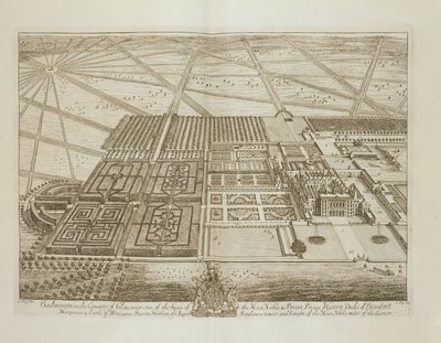 Casa Badminton en el condado de Gloucester, grabado por Johannes Kip (c.1652-1722) de Leonard Knyff
