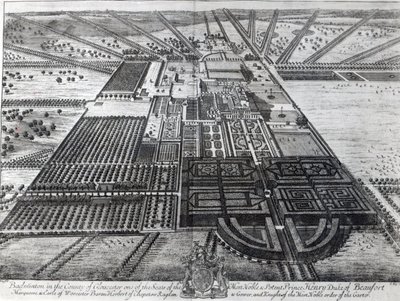 Casa de Badminton en el condado de Gloucester, grabado por Johannes Kip de Leonard Knyff