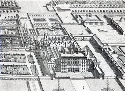 Badminton House en el condado de Gloucester, grabado por Johannes Kip (detalle) de Leonard Knyff